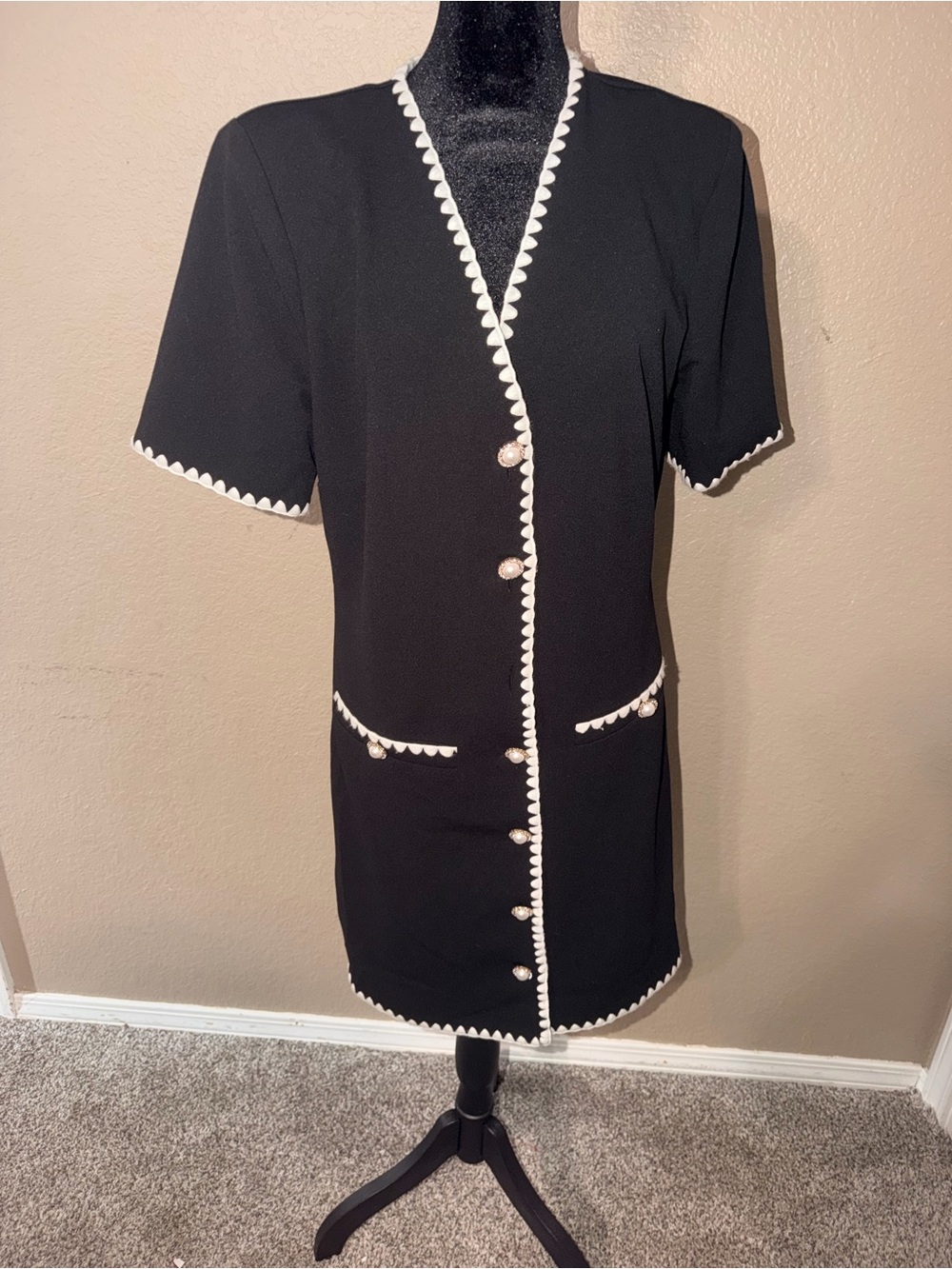 Black Short-Sleeve with White Scalloped Trim dress